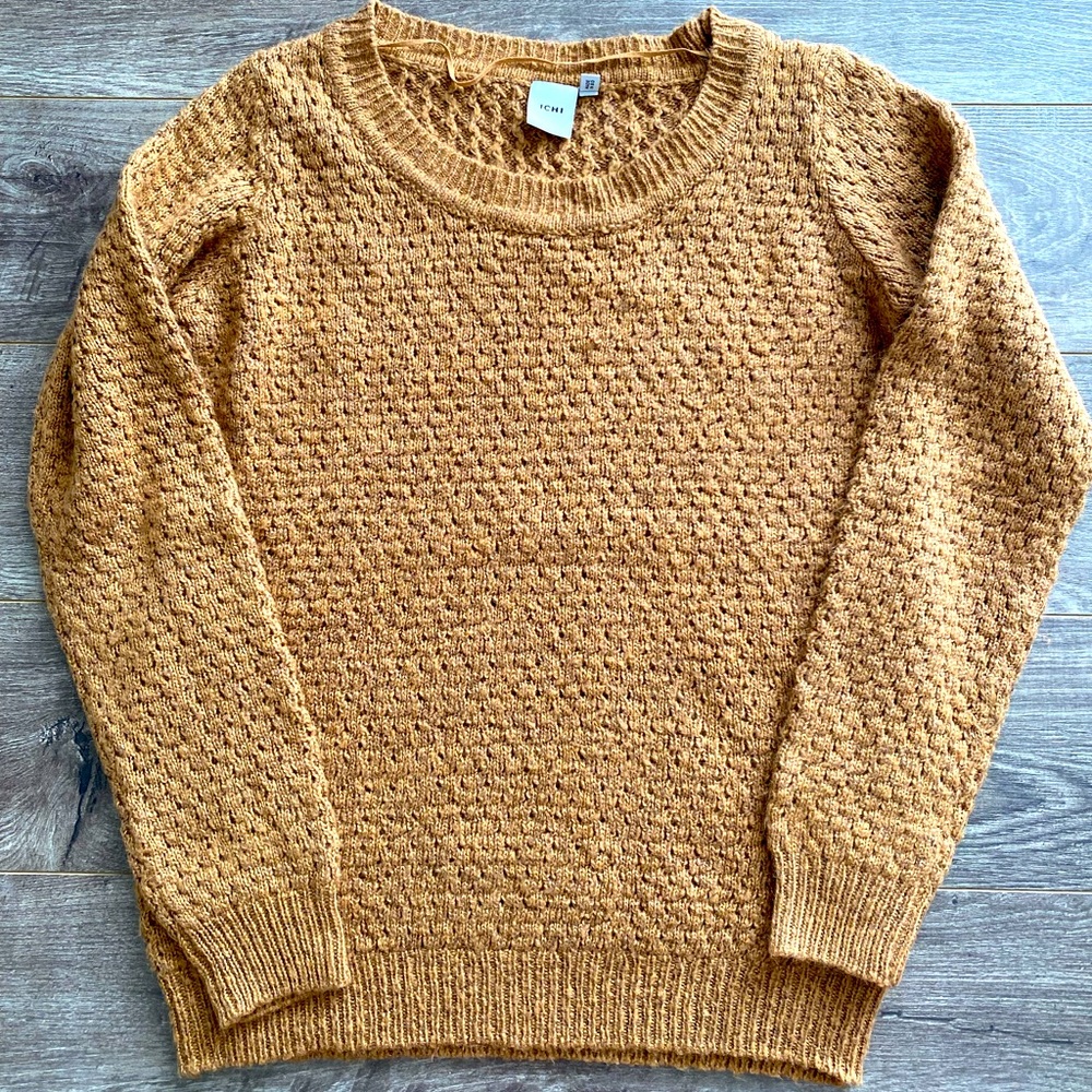 ICHI tan brown knit sweater crew neck cotton blend